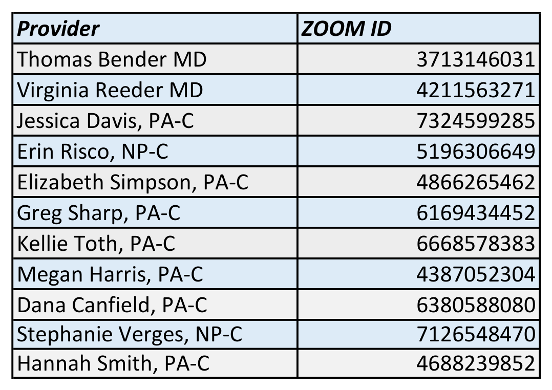 Table of provider names and their Zoom IDs